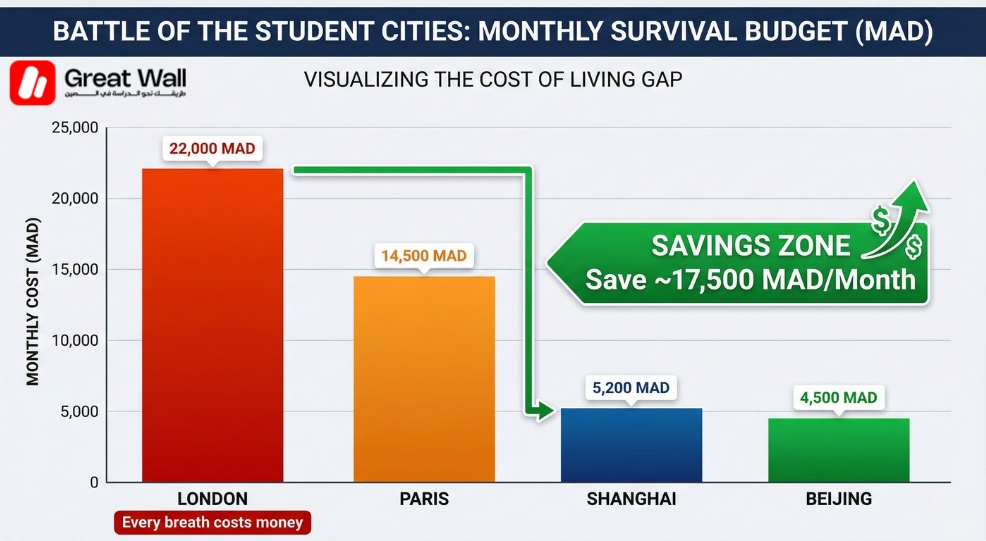 A bar chart infographic illustrating the massive difference in monthly survival budgets between expensive European cities and affordable Chinese cities, emphasizing the low cost of living in China. A bar chart infographic illustrating the massive difference in monthly survival budgets between expensive European cities and affordable Chinese cities, emphasizing the low cost of living in China.
