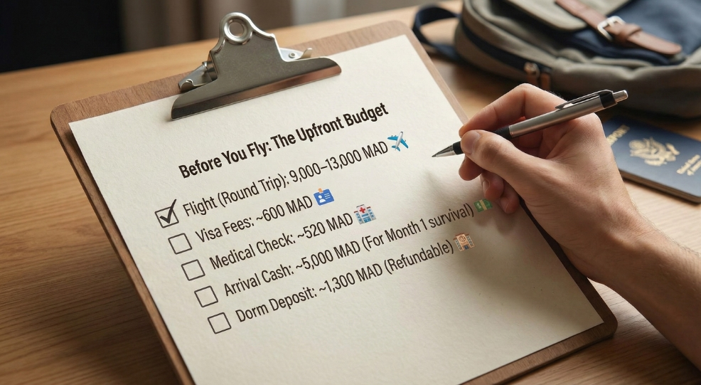 A clipboard-style checklist graphic detailing essential upfront expenses for Moroccan students, such as flights and visas, that must be budgeted before enjoying the low cost of living in China. A clipboard-style checklist graphic detailing essential upfront expenses for Moroccan students, such as flights and visas, that must be budgeted before enjoying the low cost of living in China.