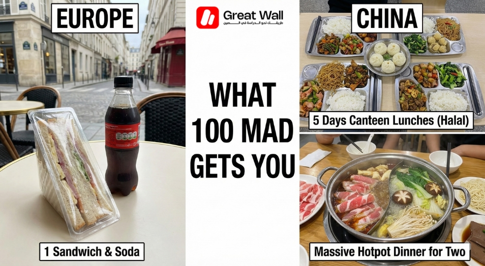 A side-by-side photographic comparison demonstrating the superior food purchasing power of 100 MAD in China compared to Europe, reflecting the affordable dining aspect of the cost of living in China. A side-by-side photographic comparison demonstrating the superior food purchasing power of 100 MAD in China compared to Europe, reflecting the affordable dining aspect of the cost of living in China.