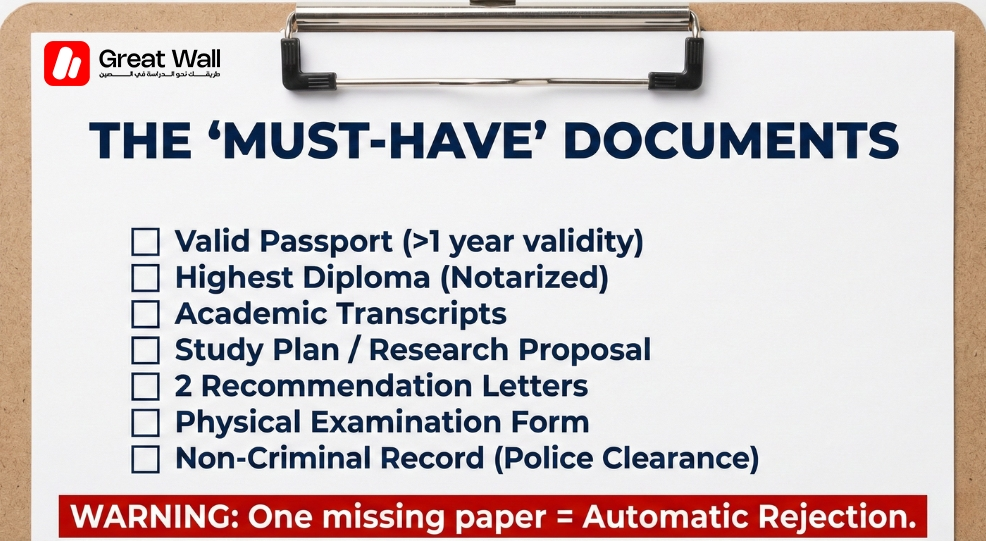 Checklist of essential documents to apply for a scholarship to study in China, including passport and diplomas