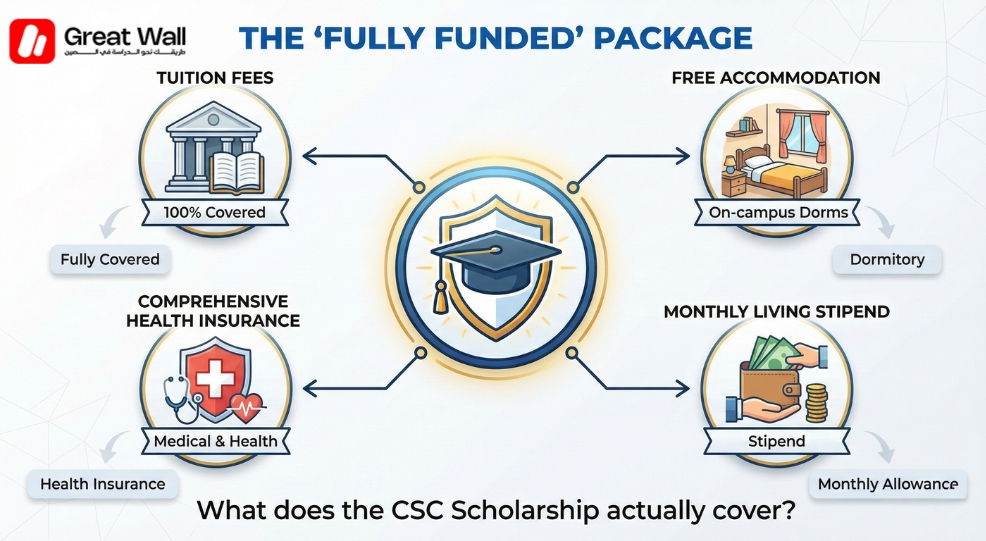 Infographic of fully funded scholarship benefits to study in China tuition, housing, and monthly stipend.