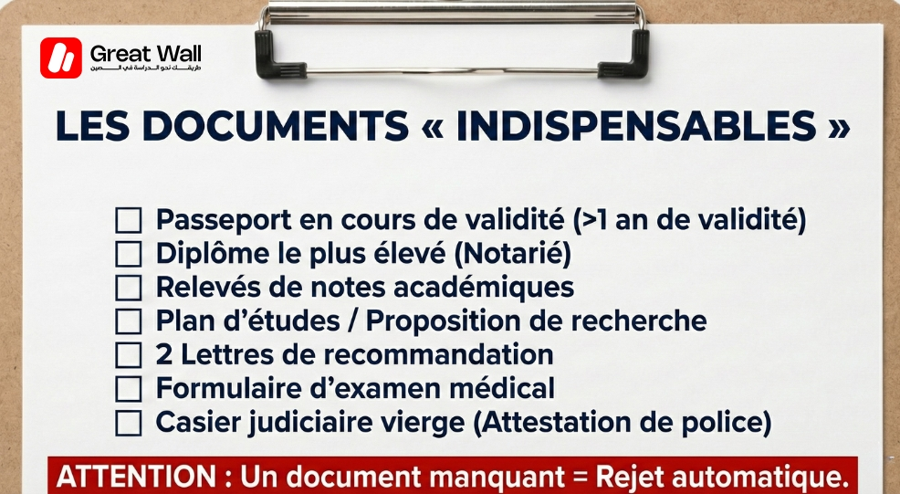 Liste des documents essentiels pour demander une bourse pour étudier en Chine, incluant passeport et diplômes.
