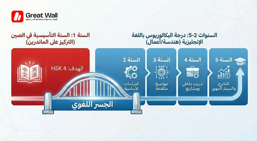 جدول زمني بياني يوضح نموذج الدراسة الهجين، يبدأ بـ سنة تأسيسية في الصين لتحقيق HSK 4، يليها درجة علمية باللغة الإنجليزية لمدة أربع سنوات جدول زمني بياني يوضح نموذج الدراسة الهجين، يبدأ بـ سنة تأسيسية في الصين لتحقيق HSK 4، يليها درجة علمية باللغة الإنجليزية لمدة أربع سنوات