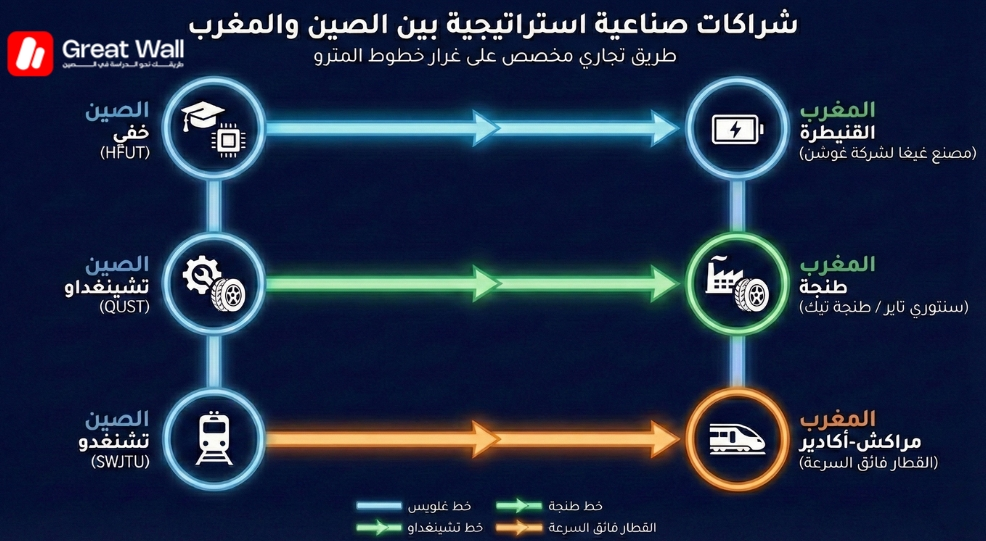 خريطة بيانية توضح المسارات المهنية المباشرة من جامعات الهندسة الصينية في خفي وتشينغداو إلى الوظائف الصناعية في القنيطرة وطنجة خريطة بيانية توضح المسارات المهنية المباشرة من جامعات الهندسة الصينية في خفي وتشينغداو إلى الوظائف الصناعية في القنيطرة وطنجة