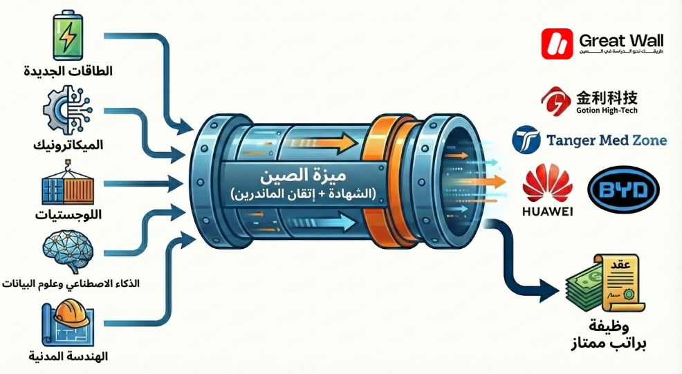 رسم بياني يوضح خمس تخصصات تؤدي إلى وظائف في غوشن و سنتوري ضمن الشركات الصينية في المغرب رسم بياني يوضح خمس تخصصات تؤدي إلى وظائف في غوشن و سنتوري ضمن الشركات الصينية في المغرب