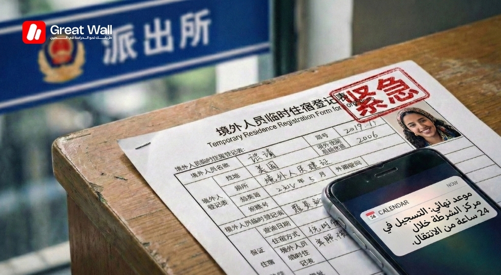 صورة تحذيرية تؤكد على قاعدة التسجيل الإلزامي لدى الشرطة خلال 24 ساعة للأجانب الذين يختارون الاستئجار في الصين.