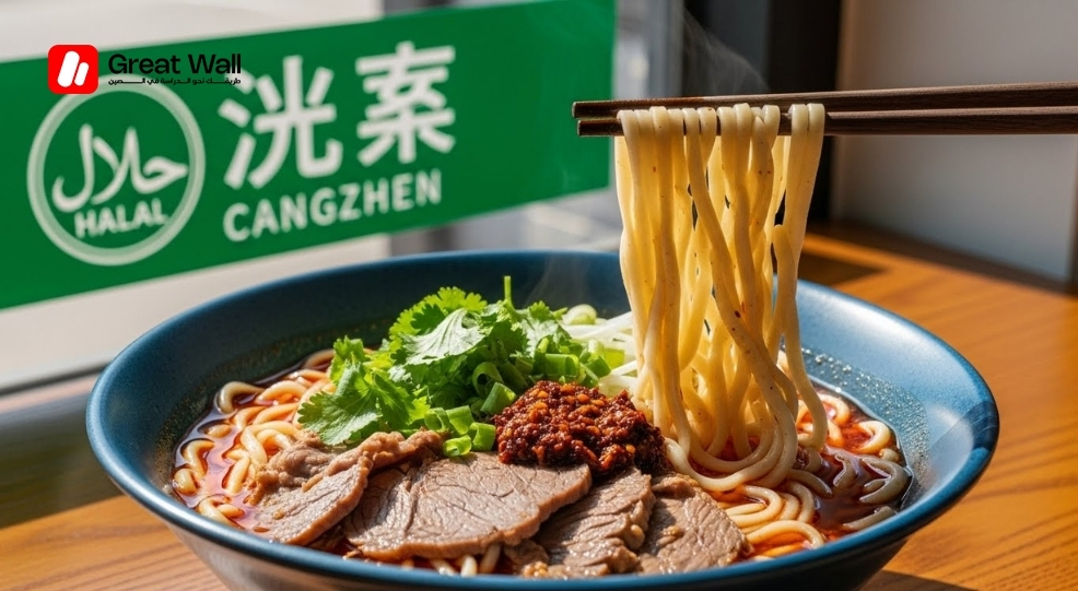 لافتة مطعم أكل حلال في جامعة صينية وطلاب مسلمون يتناولون الطعام. الأكل الحلال في الصين.