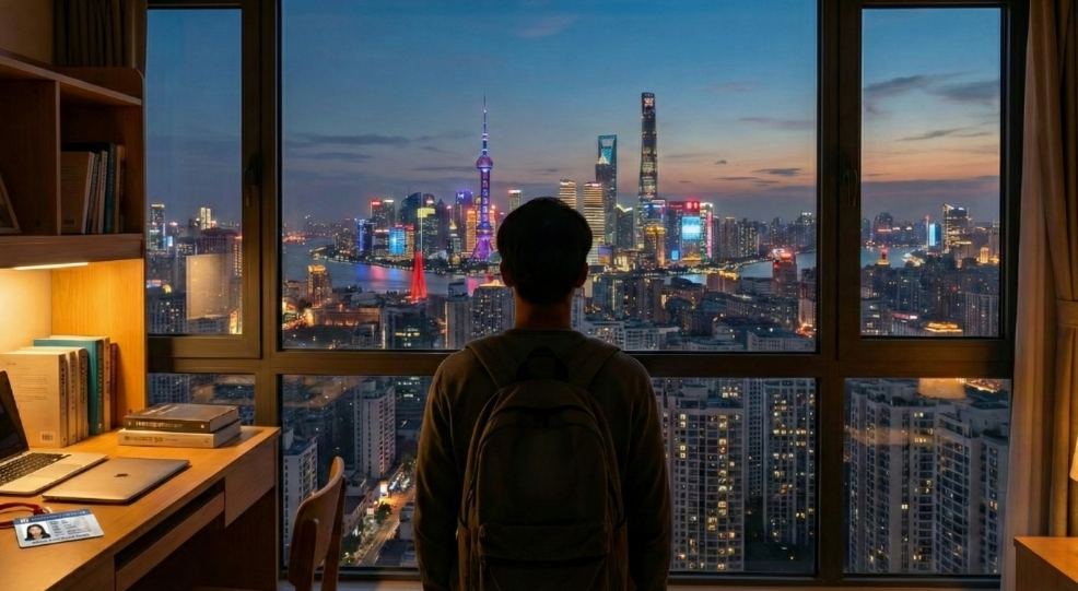 A Moroccan student inside a university dorm room looking out at a sprawling Chinese city skyline, symbolizing the choice of accommodation in China.