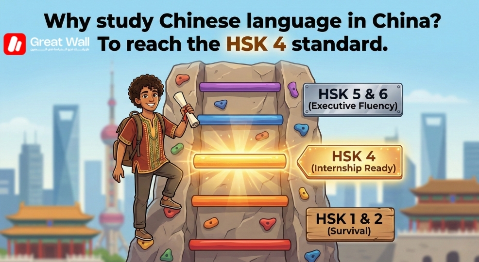 A career ladder graphic highlighting HSK level 4 as the crucial goal for students who study Chinese language in China to become internship ready A career ladder graphic highlighting HSK level 4 as the crucial goal for students who study Chinese language in China to become internship ready