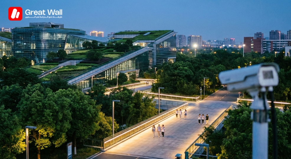 A modern, well-lit university campus with security cameras at night, answering the question is China safe for students from Morocco