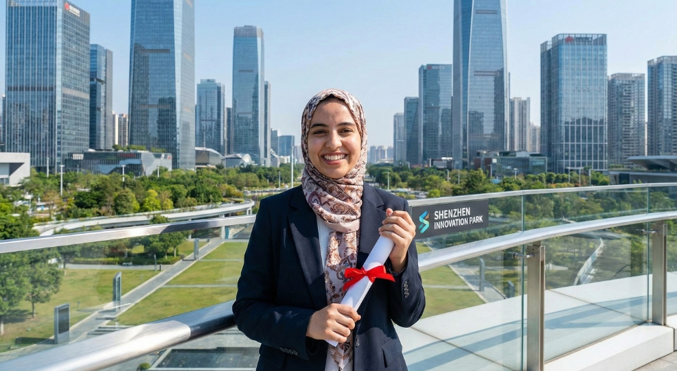 Aspirational young Moroccan professional standing in Shanghai, visualizing the goal of staying in China as a fresh graduate with a secured work visa.