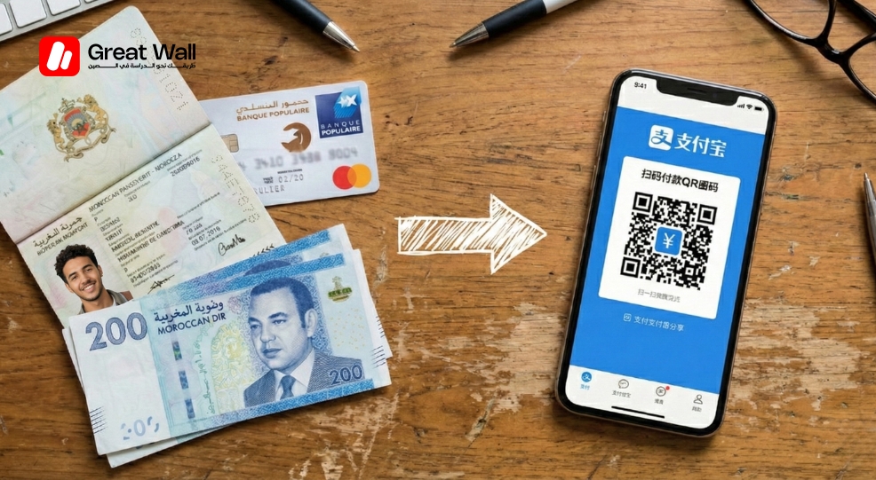 Carte bancaire marocaine et Dirhams a cote d un smartphone affichant Alipay  illustrant la procedure de Dotation Etude Maroc vers la Chine