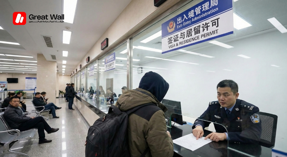 Chinese Exit-Entry Administration officer checking a student passport for illegal work violations and visa compliance.