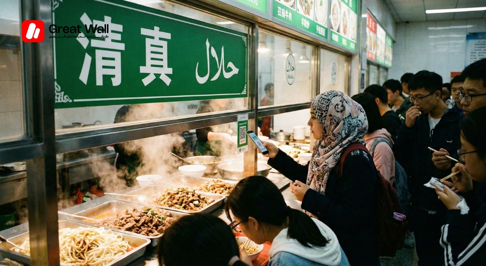 Chinese university canteen window with a green Halal sign (Qing Zhen), showing availability of Halal food in China universities for Muslim students.