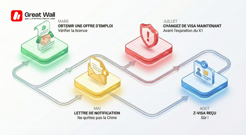 Chronologie minimaliste avec icones montrant les etapes critiques pour que les jeunes diplomes convertissent leur permis etudiant en visa de travail avant la date limite pour rester en Chine Chronologie minimaliste avec icones montrant les etapes critiques pour que les jeunes diplomes convertissent leur permis etudiant en visa de travail avant la date limite pour rester en Chine