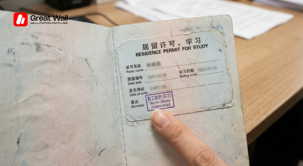 Close up of a Chinese Residence Permit for study showing the official internship endorsement remark required to work legally.