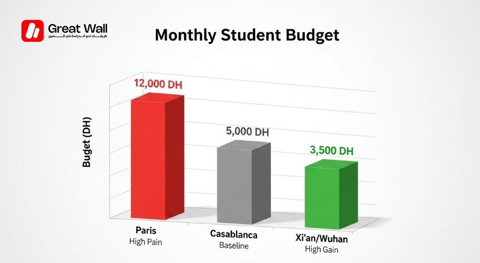 Cost of living comparison chart for students in Paris vs Casablanca vs China 2026.