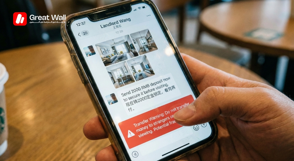Ecran de smartphone affichant un message d arnaque au logement WeChat ciblant les nouveaux etudiants en Chine