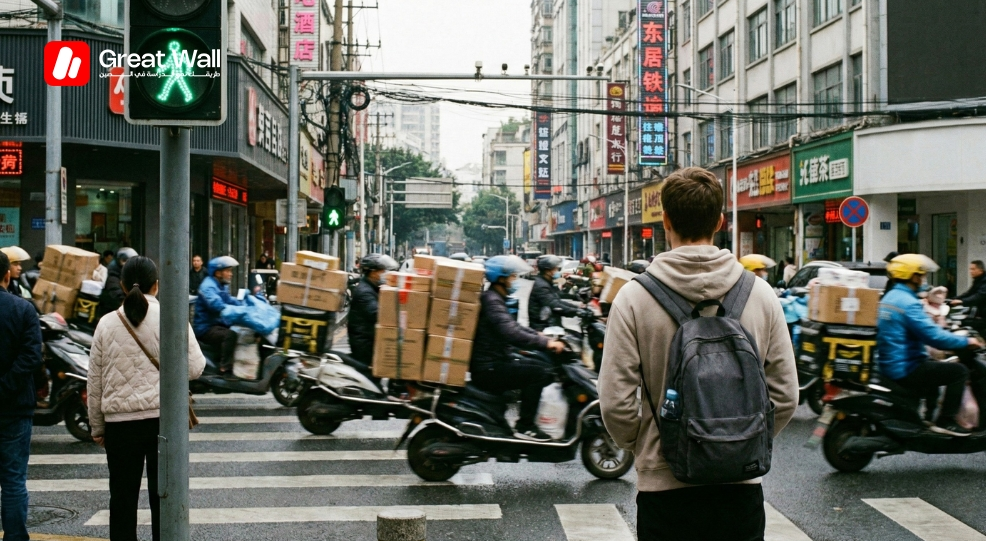 Etudiant marocain traversant la rue a Guangzhou en evitant les scooters electriques, un conseil de securite pour etudiants en Chine