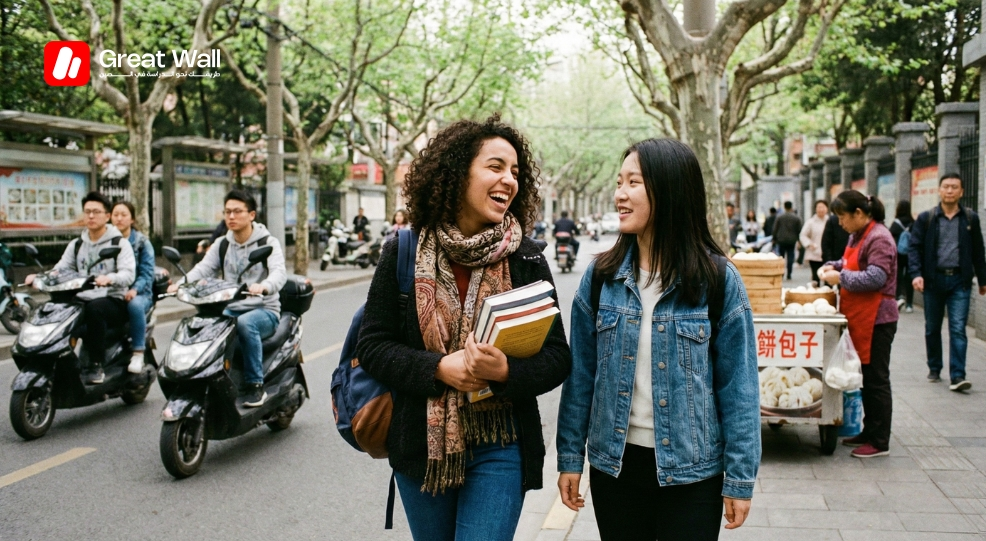 Etudiante marocaine heureuse marchant avec une camarade chinoise, montrant l integration et une vie etudiante sure en Chine