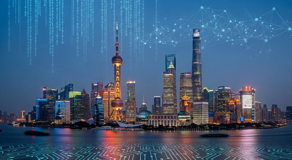 Futuristic night skyline of Shenzhen, China, featuring the Shanghai Tower and DJI Headquarters, overlayed with glowing digital circuit patterns representing artificial intelligence and computer science.