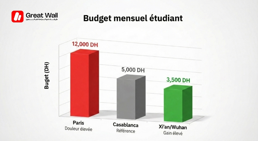 Graphique comparatif coût de la vie étudiant Paris vs Casablanca vs Chine 2026