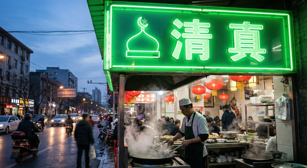 Green restaurant sign with Qingzhen characters, the universal symbol for Halal food in China