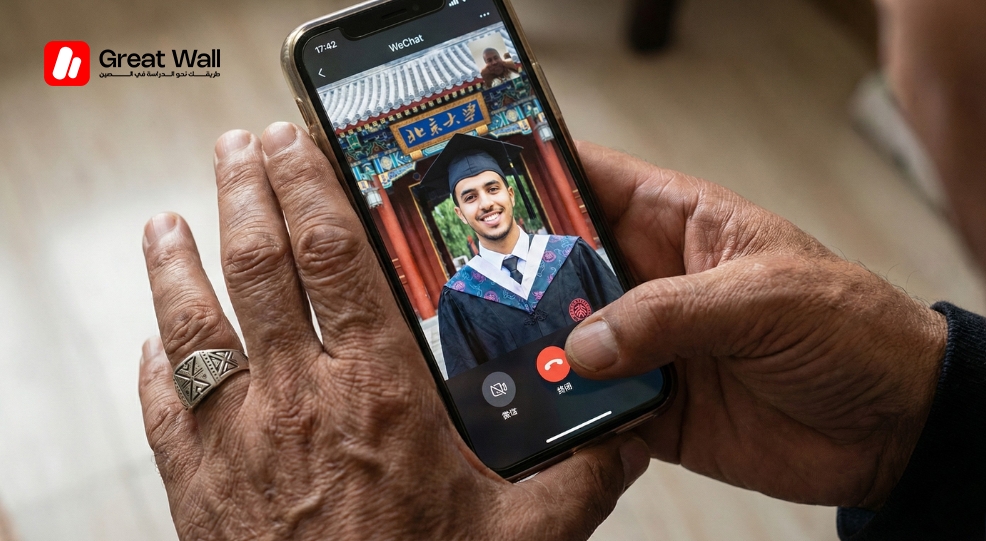 Gros plan d un parent utilisant WeChat pour un appel vidEo avec son enfant en Chine WhatsApp etant bloque