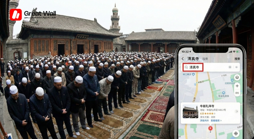 Historic Mosque in China during Friday prayer, accessible via smartphone apps for Muslim students