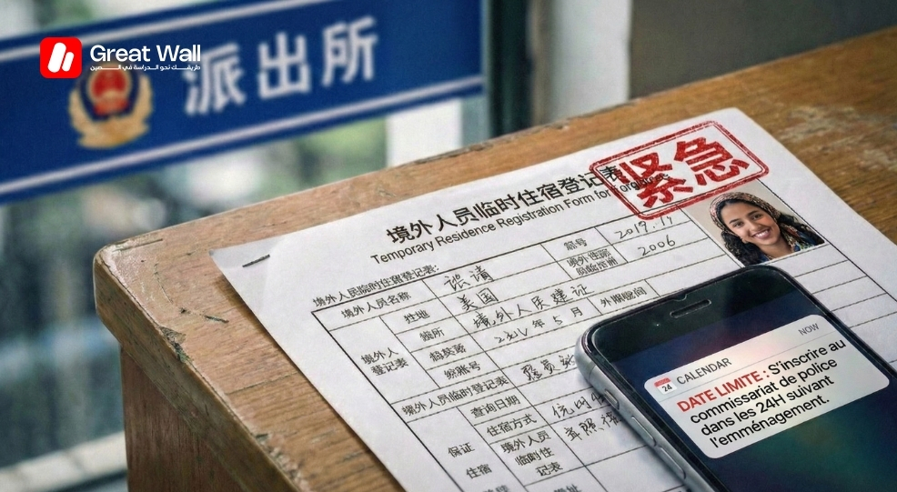 Image d avertissement soulignant la regle obligatoire d enregistrement aupres de la police dans les 24 heures pour les etrangers qui choisissent la location en Chine Image d avertissement soulignant la regle obligatoire d enregistrement aupres de la police dans les 24 heures pour les etrangers qui choisissent la location en Chine