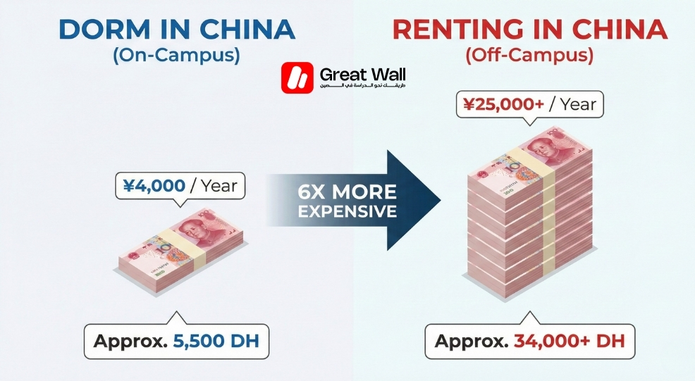 Infographic comparing the annual cost, showing that renting in China is 6x more expensive than living in a dorm in China.