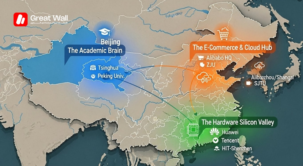 Infographic map of China highlighting three major tech hubs Beijing as the Academic Brain, Hangzhou and Shanghai as the Cloud Hub, and Shenzhen as the Hardware Silicon Valley. Infographic map of China highlighting three major tech hubs Beijing as the Academic Brain, Hangzhou and Shanghai as the Cloud Hub, and Shenzhen as the Hardware Silicon Valley.