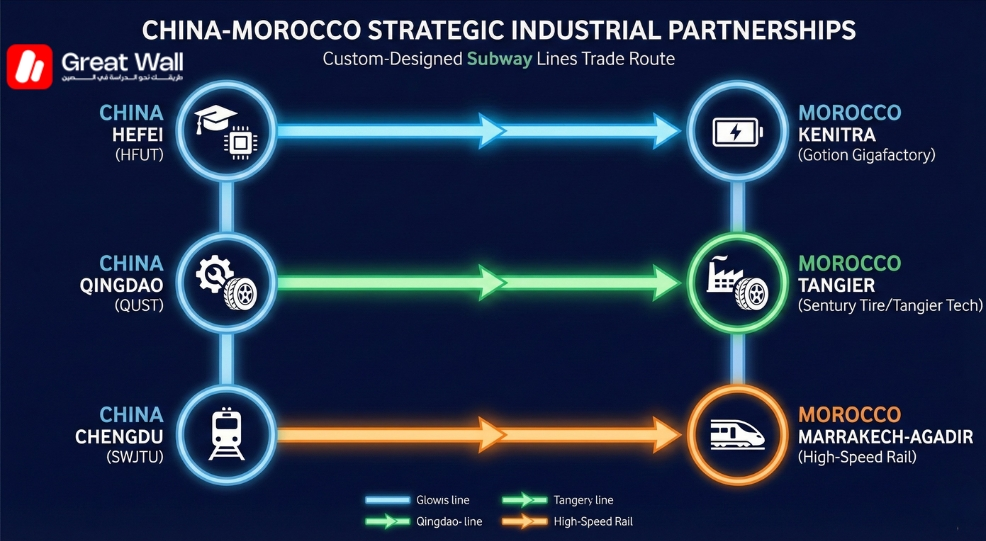 Infographic map showing direct career pathways from Chinese engineering universities in Hefei and Qingdao to industrial jobs in Kenitra and Tangier