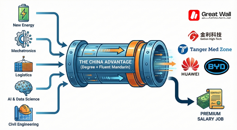Infographic showing 5 degrees leading to jobs at Gotion and Sentury Tire for Chinese companies in Morocco Infographic showing 5 degrees leading to jobs at Gotion and Sentury Tire for Chinese companies in Morocco