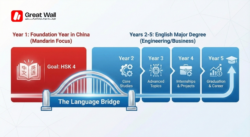 Infographic timeline showing the hybrid study model, starting with a Foundation Year in China to achieve HSK 4, followed by a four-year English degree. Infographic timeline showing the hybrid study model, starting with a Foundation Year in China to achieve HSK 4, followed by a four-year English degree.