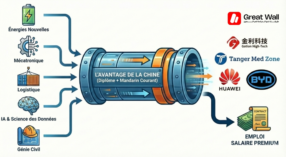 Infographie montrant 5 diplomes menant aux postes chez Gotion et Sentury Tire dans les entreprises chinoises au Maroc Infographie montrant 5 diplomes menant aux postes chez Gotion et Sentury Tire dans les entreprises chinoises au Maroc