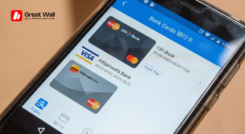 Interface de l application Alipay montrant une carte bancaire marocaine CIH liee pour payer en Chine