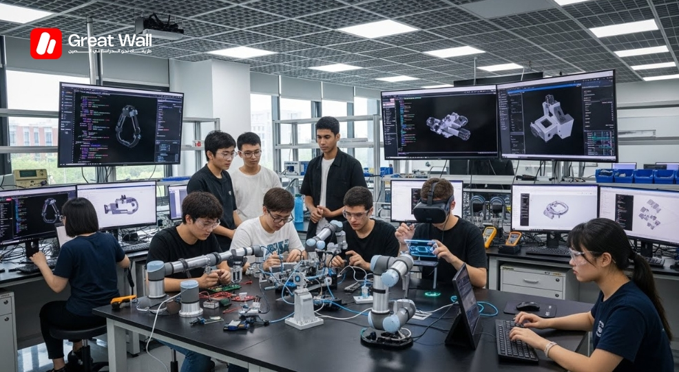 International and Chinese computer science students working together on a robotics and AI project in a high-tech university laboratory in China. International and Chinese computer science students working together on a robotics and AI project in a high-tech university laboratory in China.