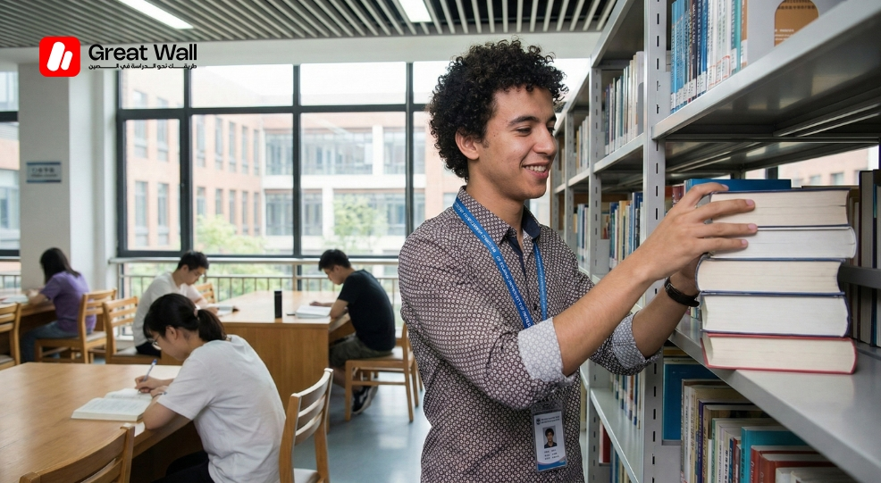 International student working legally as a library assistant on a university campus in China under the Work-Study program.