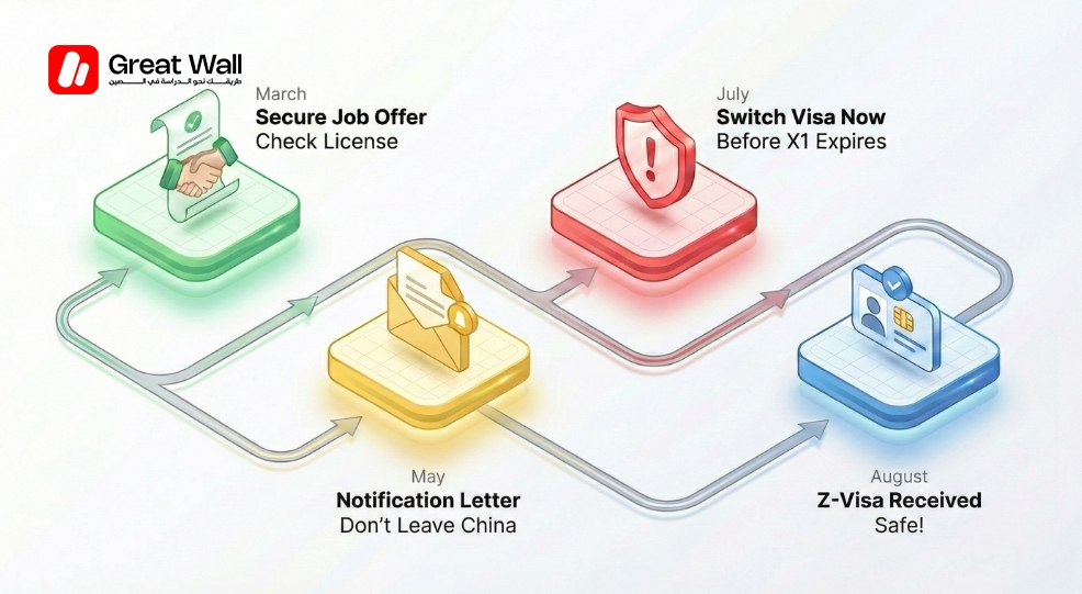 Minimalist icon timeline showing the critical steps for fresh graduates to convert from a student permit to a work visa before the deadline for staying in China.