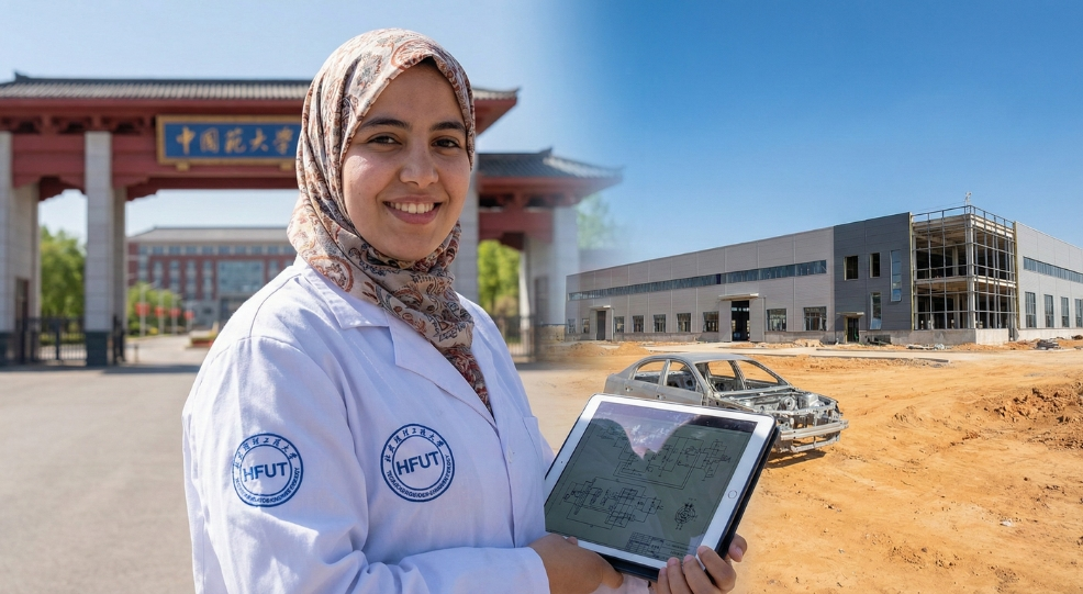 Moroccan engineering student in China holding electric vehicle blueprints, symbolizing the career path to the Gotion High-Tech Kenitra factory