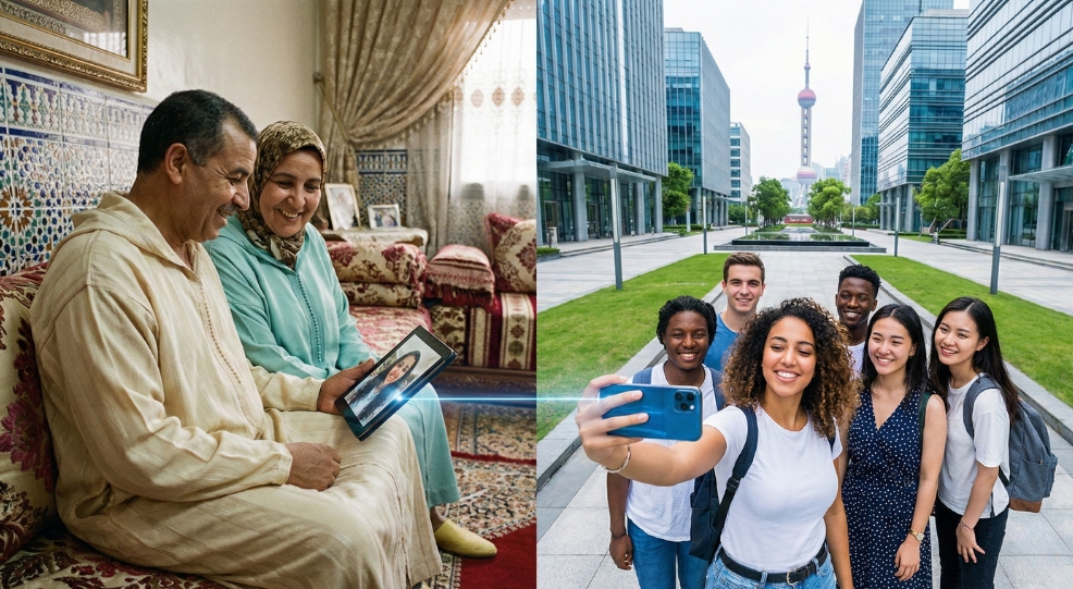 Moroccan parents smiling at a tablet while their daughter studies in Shanghai, visualizing the reality of sending a child to China for university in 2026.