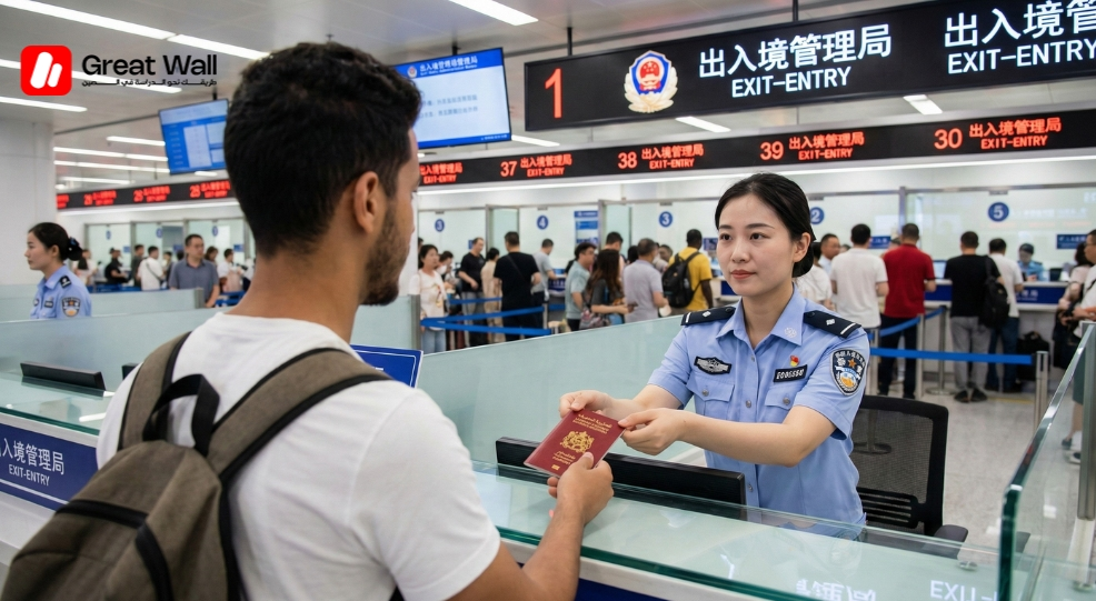 Moroccan student handing passport and documents to an immigration officer at the Exit-Entry Bureau to convert X1 visa to residence permit.
