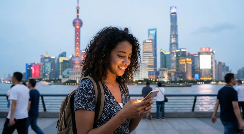 Moroccan student using a smartphone in Shanghai with the best VPN for China 2026 installed.