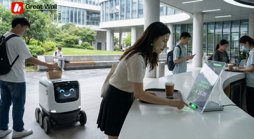 Robot de livraison autonome sur un campus universitaire chinois et paiement par reconnaissance faciale (Face ID). High-tech en Chine.