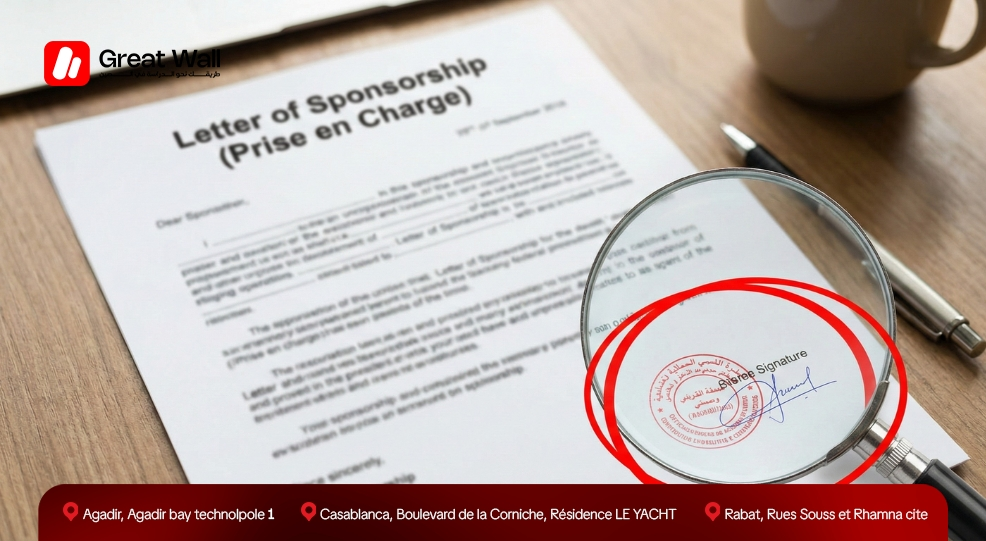 Sample of a Prise en charge China Visa sponsorship letter showing the Legalization Moqataa stamp needed to support the Bank statement for China Visa Morocco. Sample of a Prise en charge China Visa sponsorship letter showing the Legalization Moqataa stamp needed to support the Bank statement for China Visa Morocco.