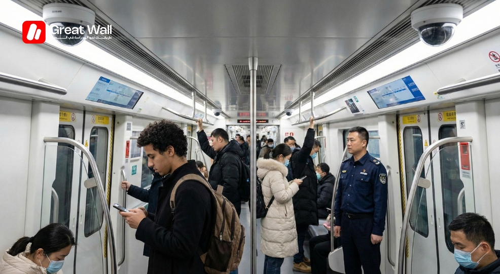 Secure subway in Beijing with CCTV cameras, showing the safety in china vs Morocco for international students.