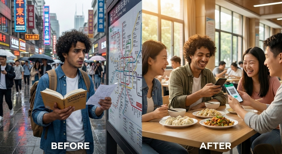 Split-screen comparison showing the difficult integration without language skills versus the easy cultural adaptation after you study Chinese language in China during a Preparatory year China