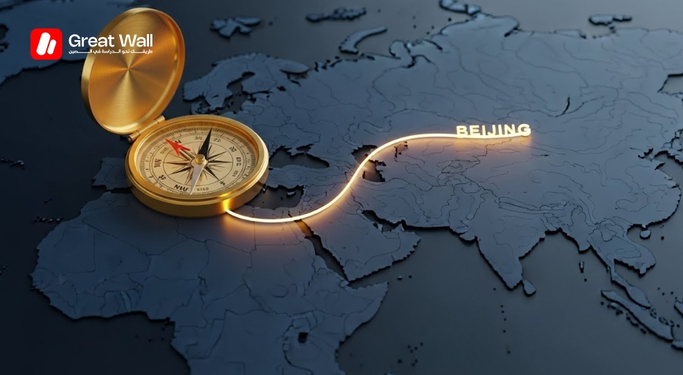 Strategic compass showing the path to study in China from Morocco.