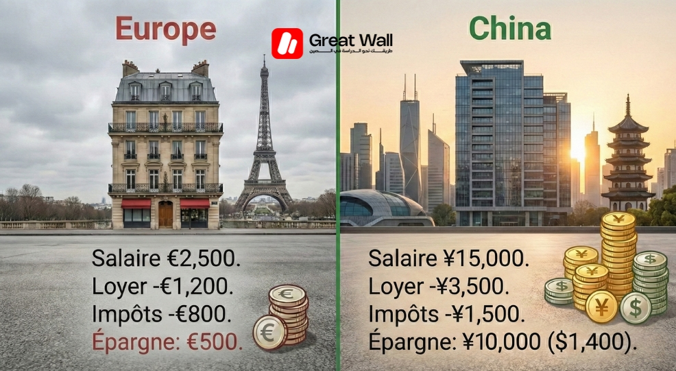 Tableau illustrant le potentiel d epargne financiere plus eleve pour les jeunes diplomes qui choisissent de rester en Chine avec un visa de travail par rapport a l Europe Tableau illustrant le potentiel d epargne financiere plus eleve pour les jeunes diplomes qui choisissent de rester en Chine avec un visa de travail par rapport a l Europe